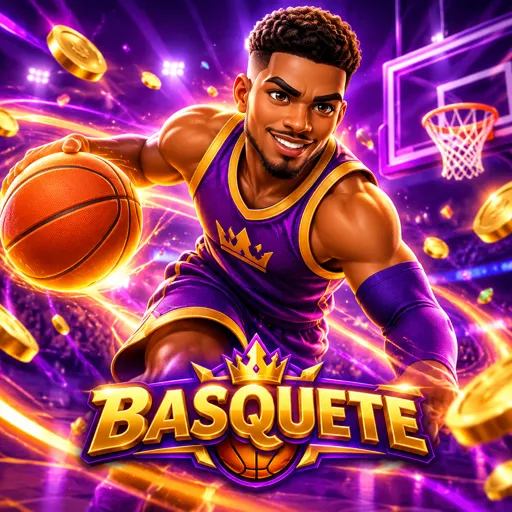 Quadra de basquete com bola laranja em destaque